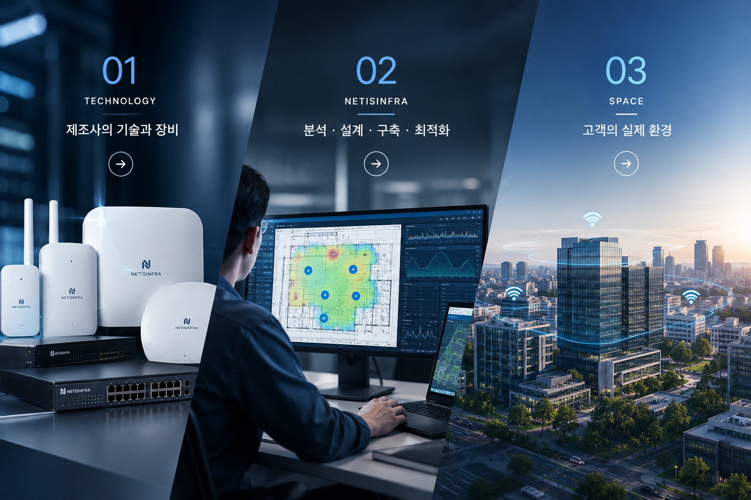 제조사의 기술과 NETISINFRA의 엔지니어링, 고객의 실제 공간을 연결하는 무선 인프라